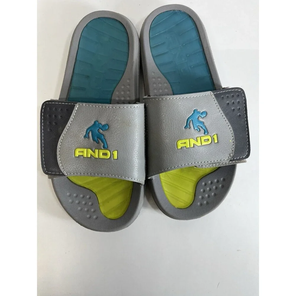 AND1 Boys Size 6 Strider Slide Adjustable Strap‎ Sandal Shoes Gel • Grey &Lime